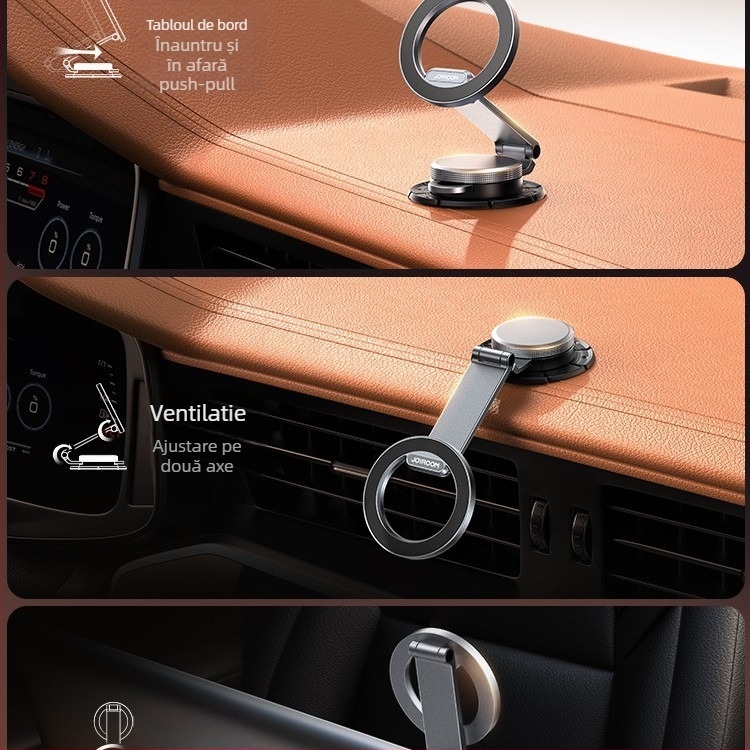 Suport pentru telefon auto cu ventuză magnetică și montaj cu adeziv, corp metalic pliat, stabil pe bord