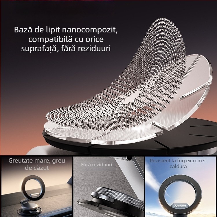 Suport pentru telefon auto cu ventuză magnetică și montaj cu adeziv, corp metalic pliat, stabil pe bord