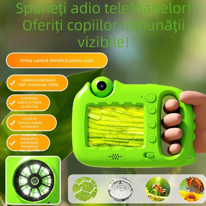 Green Horse Q4 Cameră Portabilă pentru Copii — Microscop, 40MP+, Ecran LCD 2.0, TF Card, Video și Foto
