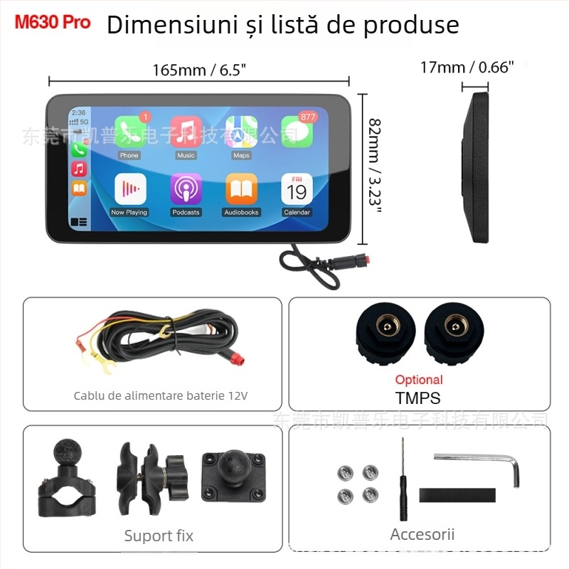 Navigator moto detasabil cu CarPlay și înregistrare de bord, model M630pro, rezoluție 1560x720, unghi de înregistrare 150°, până la 64GB SD, intrare 12V