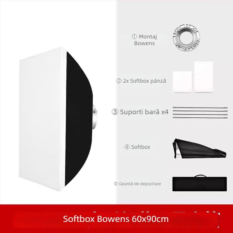 Softbox de lumină moale cu montură Baorong tip bajonet; cadru din aliaj de aluminiu; sarcină maximă 2-5 kg; greutate 1,2 kg