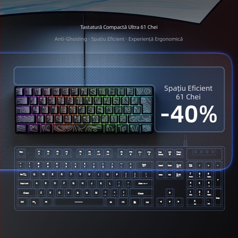 Tastatură cu membrană, iluminare RGB, până la 87 taste, cu cablu, ABS material