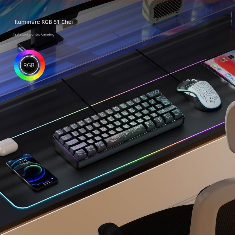 Tastatură cu membrană, iluminare RGB, până la 87 taste, cu cablu, ABS material