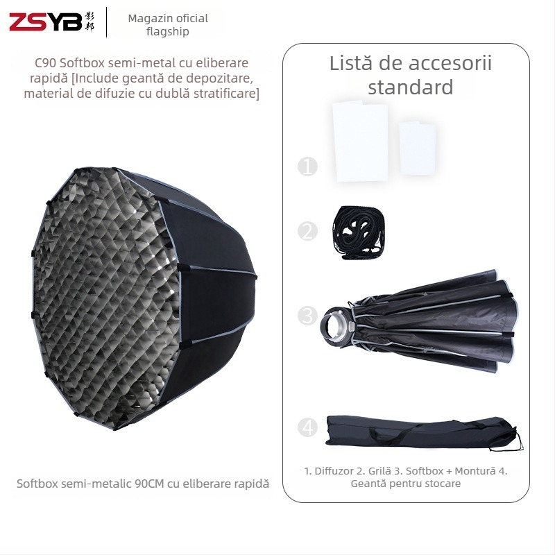 Softbox cu plasă pentru iluminat Godox, design parabolic profund, montaj rapid, construcție din aliaj de aluminiu, încărcare maximă 2–5 kg