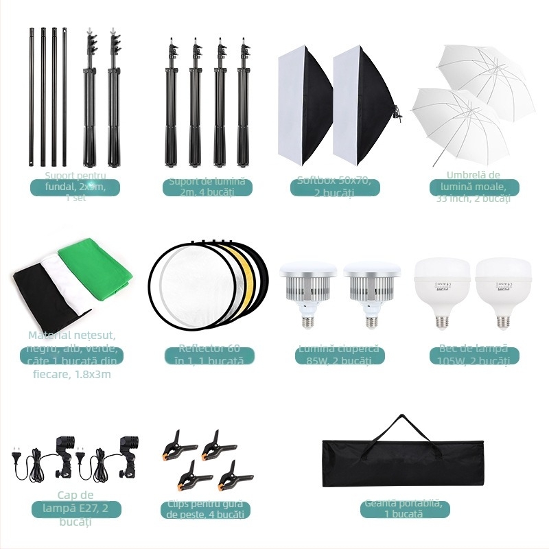 Photography soft light box set – kit profesional de fotografie Kalin cu softbox, iluminare continuă de studio, cadru de fundal și lampă cu umbrelă; greutate 8 kg