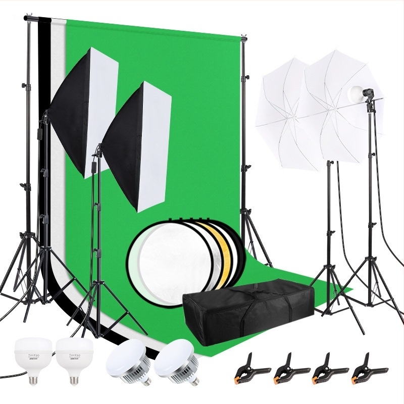 Photography soft light box set – kit profesional de fotografie Kalin cu softbox, iluminare continuă de studio, cadru de fundal și lampă cu umbrelă; greutate 8 kg