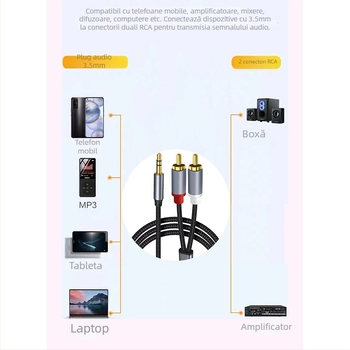 Cablu audio 3.5mm la 2RCA, nucleu din cupru placat cu aur, cupru gol, conductor, pentru dispozitive digitale