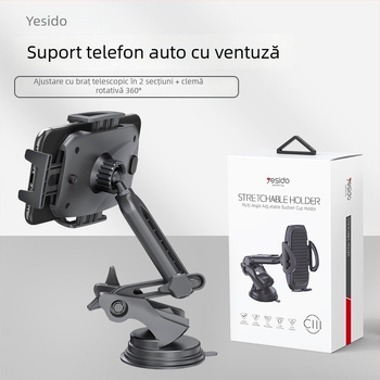 Yesido Lazy Man suport pentru telefon în mașină cu ventuză, design rotativ cu braț dublu, braț telescopic, material ABS și silicon, cu opțiune de personalizare