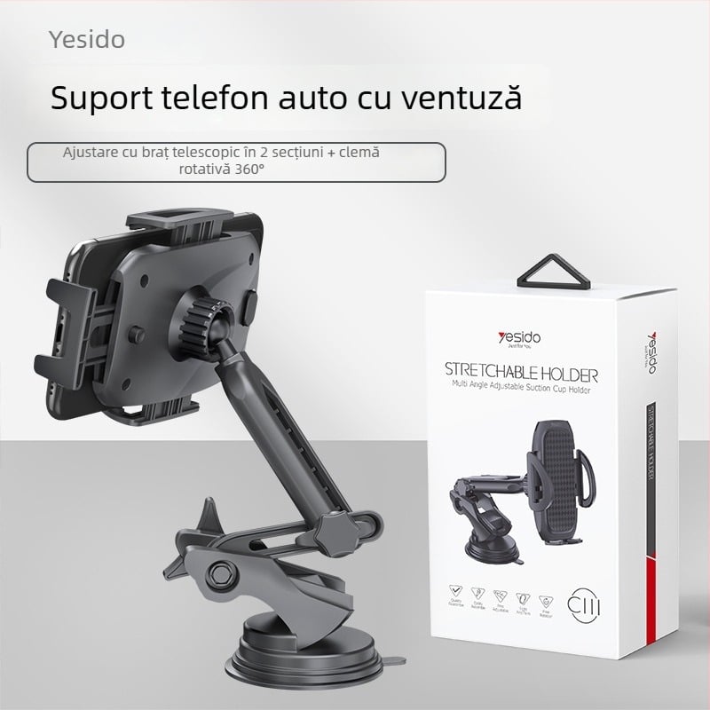 Yesido Lazy Man suport pentru telefon în mașină cu ventuză, design rotativ cu braț dublu, braț telescopic, material ABS și silicon, cu opțiune de personalizare