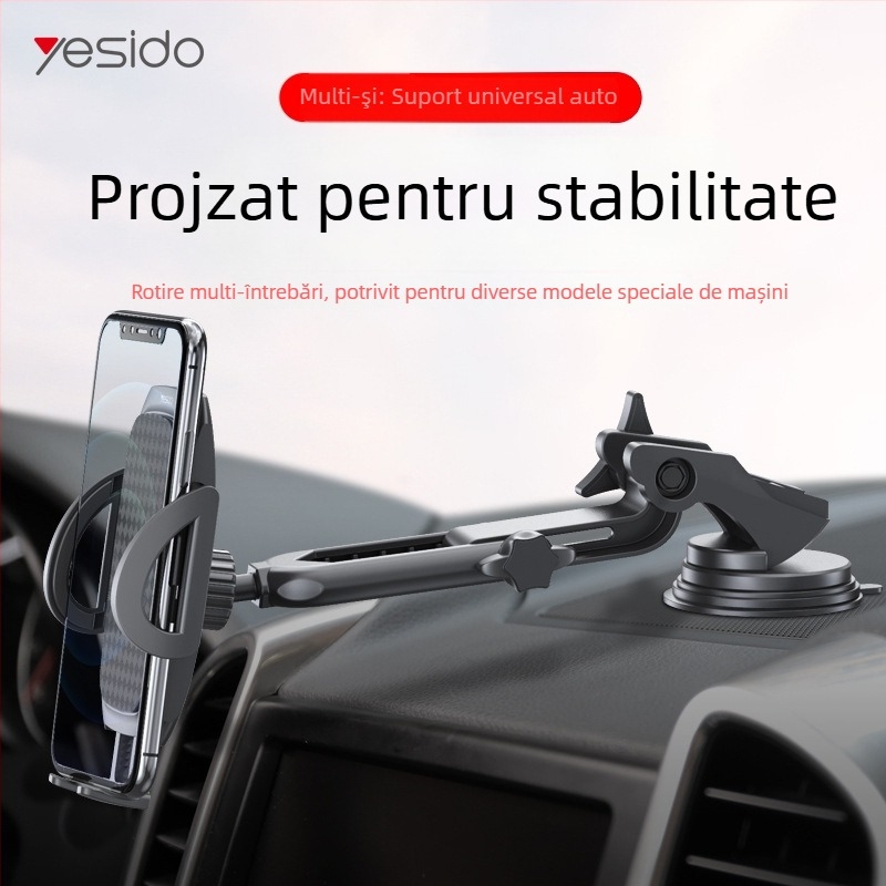 Yesido Lazy Man suport pentru telefon în mașină cu ventuză, design rotativ cu braț dublu, braț telescopic, material ABS și silicon, cu opțiune de personalizare