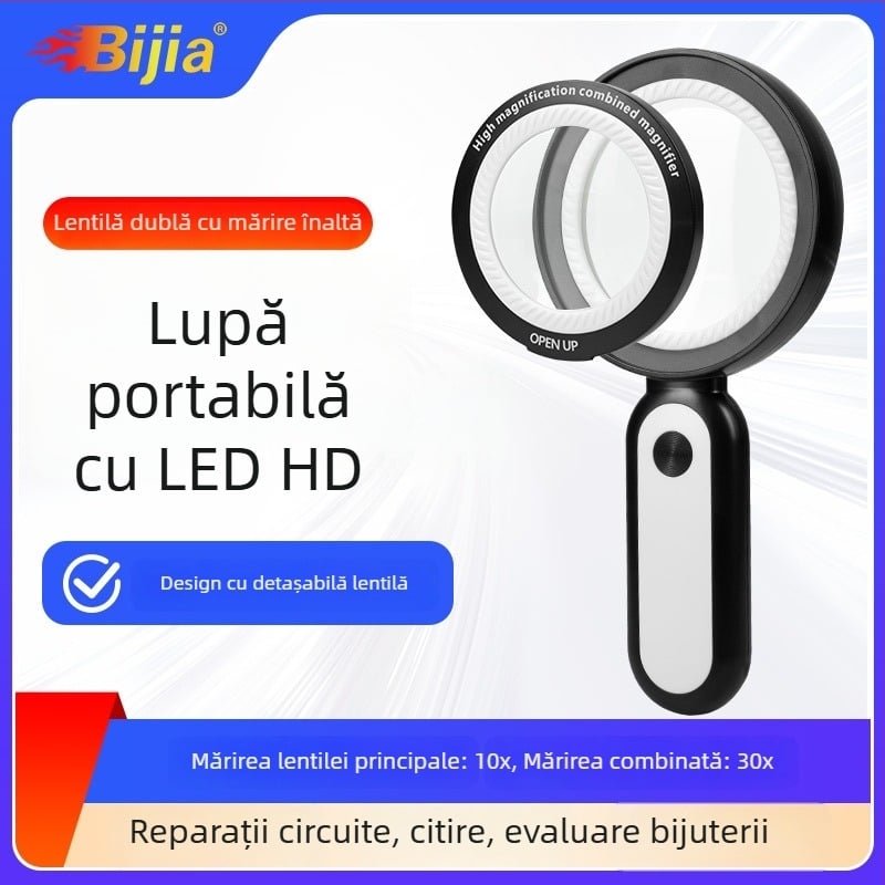 Lupa de mână cu lentile duale 10x/30x și iluminare LED pentru citire și evaluarea obiectelor antice