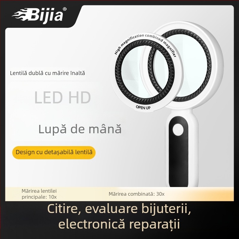 Lupa de mână cu lentile duale 10x/30x și iluminare LED pentru citire și evaluarea obiectelor antice