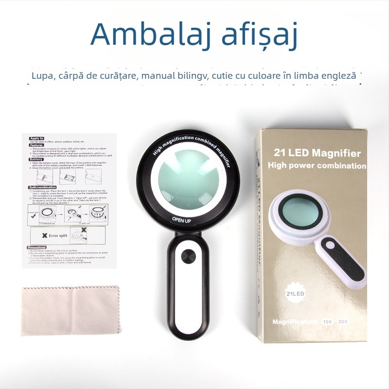 Lupa de mână cu lentile duale 10x/30x și iluminare LED pentru citire și evaluarea obiectelor antice