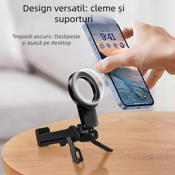 Suport pentru telefon cu ventuză magnetică, suport de călătorie portabil, a cincea generație, ABS + aliaj de aluminiu