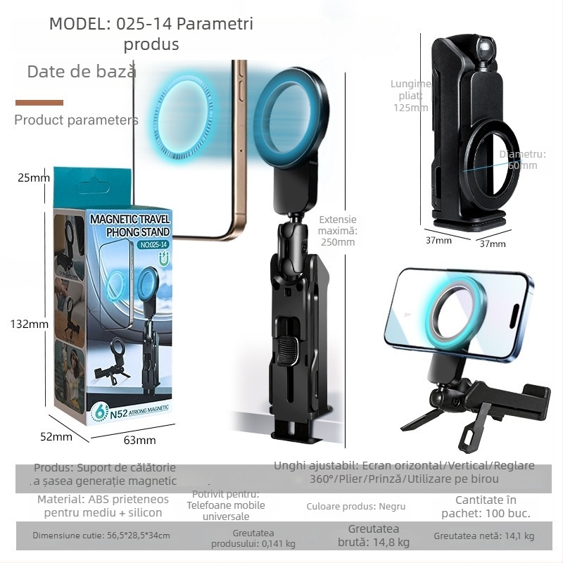 Suport pentru telefon cu ventuză magnetică, suport de călătorie portabil, a cincea generație, ABS + aliaj de aluminiu