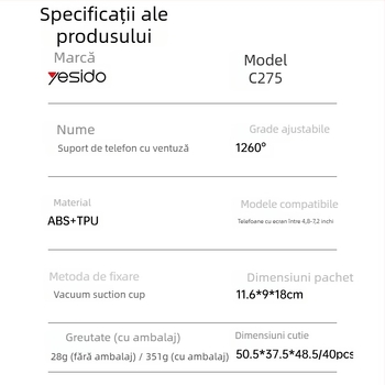 Yesido Suport auto pentru camioane – ventuză de birou, telescopic rotativ pentru telefon (ABS+TPU)