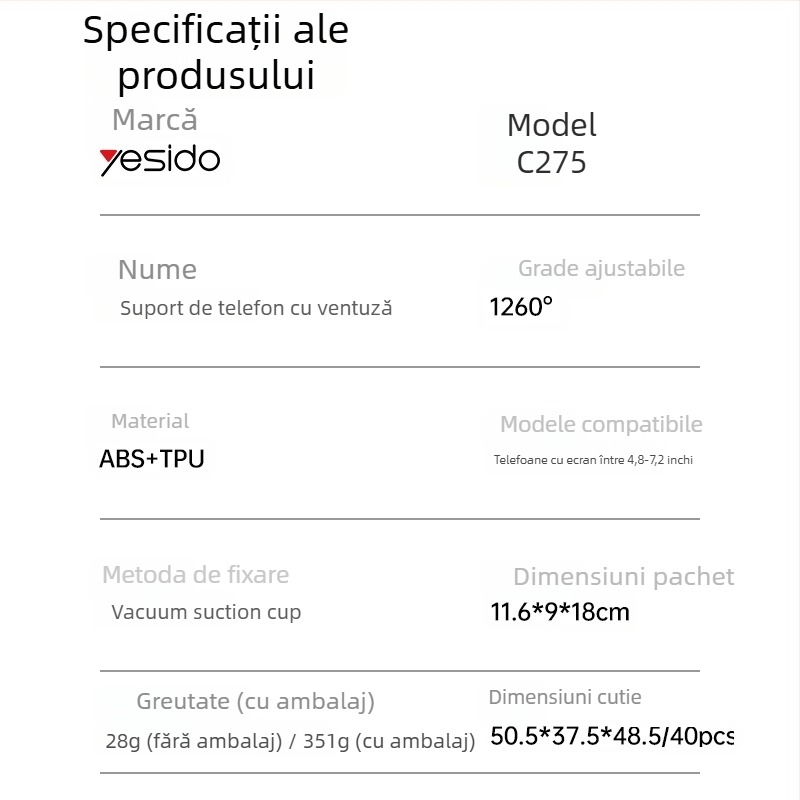 Yesido Suport auto pentru camioane – ventuză de birou, telescopic rotativ pentru telefon (ABS+TPU)
