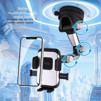 Suport auto pentru telefon cu mecanism rotativ, ventuză mare, compatibil cu bordul și parbrizul, aliaj, universal