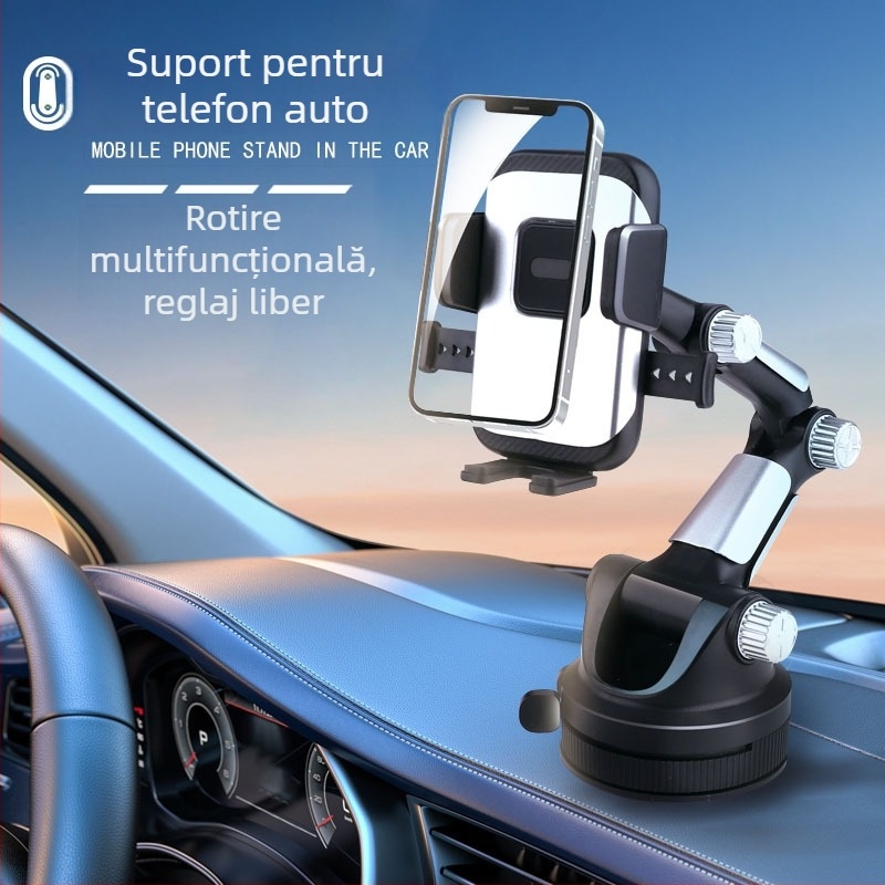 Suport auto pentru telefon cu mecanism rotativ, ventuză mare, compatibil cu bordul și parbrizul, aliaj, universal