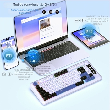 Keyboard de gaming cu 81 taste, membrană, conectivitate fără fir în trei moduri, capace de taste ABS gravate cu laser, iluminare RGB reîncărcabilă pentru birou și jocuri