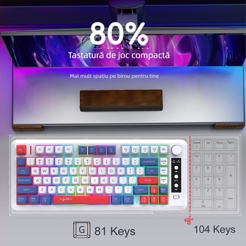 Keyboard de gaming cu 81 taste, membrană, conectivitate fără fir în trei moduri, capace de taste ABS gravate cu laser, iluminare RGB reîncărcabilă pentru birou și jocuri