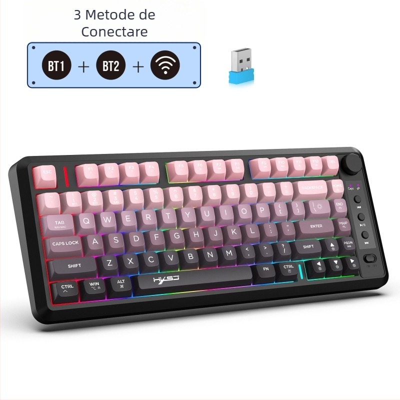 Keyboard de gaming cu 81 taste, membrană, conectivitate fără fir în trei moduri, capace de taste ABS gravate cu laser, iluminare RGB reîncărcabilă pentru birou și jocuri