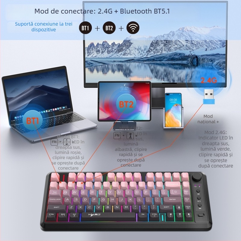 Keyboard de gaming cu 81 taste, membrană, conectivitate fără fir în trei moduri, capace de taste ABS gravate cu laser, iluminare RGB reîncărcabilă pentru birou și jocuri