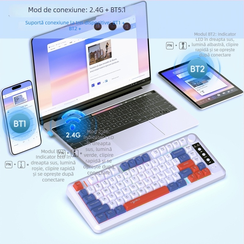 Keyboard de gaming cu 81 taste, membrană, conectivitate fără fir în trei moduri, capace de taste ABS gravate cu laser, iluminare RGB reîncărcabilă pentru birou și jocuri