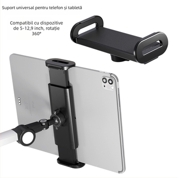 Suport de birou pentru tablete și telefoane — prindere reglabilă și rotativă, aliaj de aluminiu, sistem anti-vibrații, compatibil universal
