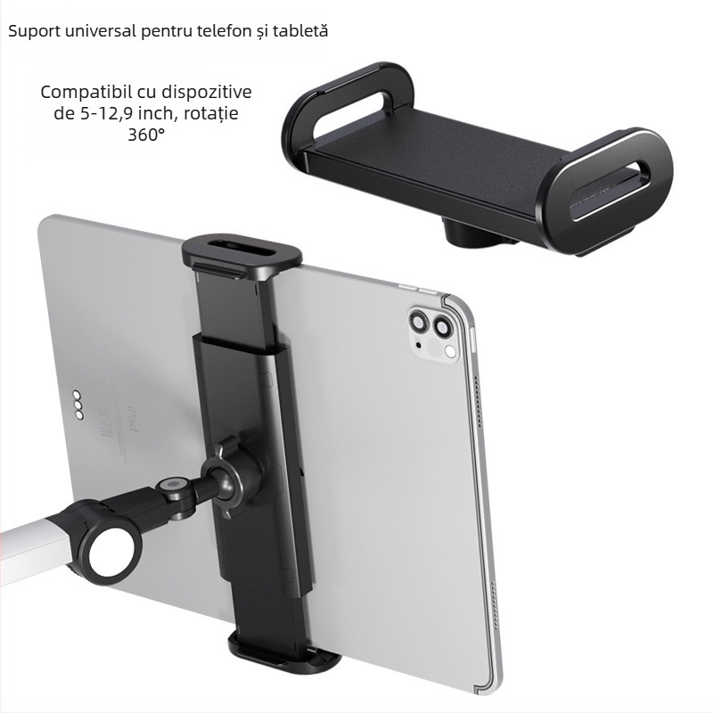 Suport de birou pentru tablete și telefoane — prindere reglabilă și rotativă, aliaj de aluminiu, sistem anti-vibrații, compatibil universal