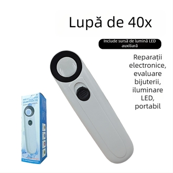 Lupa de bijuterii 40x, manuală, iluminare LED dublă, corp din plastic cu lentilă acrilică, model 6B-1B