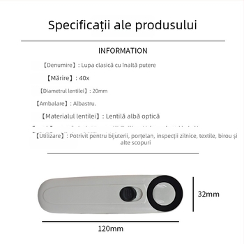 Lupa de bijuterii 40x, manuală, iluminare LED dublă, corp din plastic cu lentilă acrilică, model 6B-1B