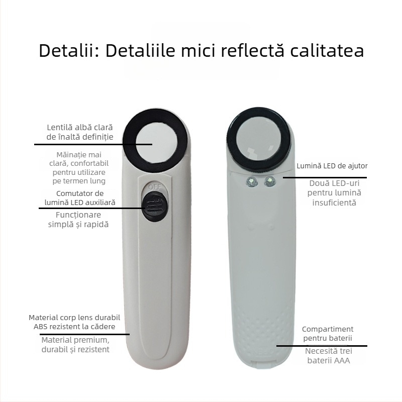 Lupa de bijuterii 40x, manuală, iluminare LED dublă, corp din plastic cu lentilă acrilică, model 6B-1B