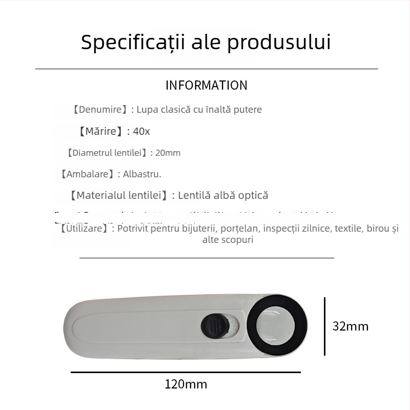 Lupa de bijuterii 40x, manuală, iluminare LED dublă, corp din plastic cu lentilă acrilică, model 6B-1B