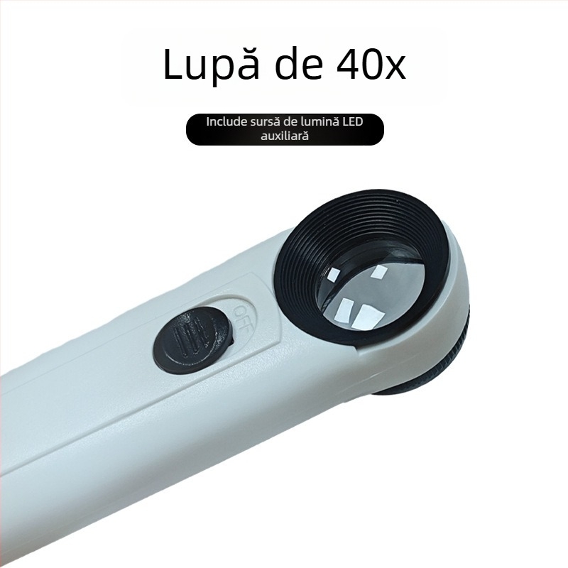 Lupa de bijuterii 40x, manuală, iluminare LED dublă, corp din plastic cu lentilă acrilică, model 6B-1B