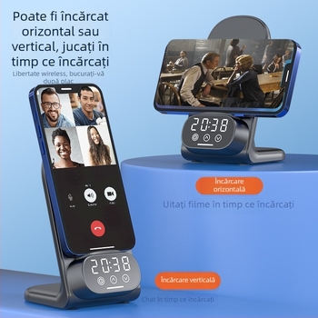 Încărcător wireless de birou 3 în 1 cu ceas digital și încărcător pentru căști Bluetooth — 15W Qi, QC3.0, 9V/1.6A, putere totală 20W