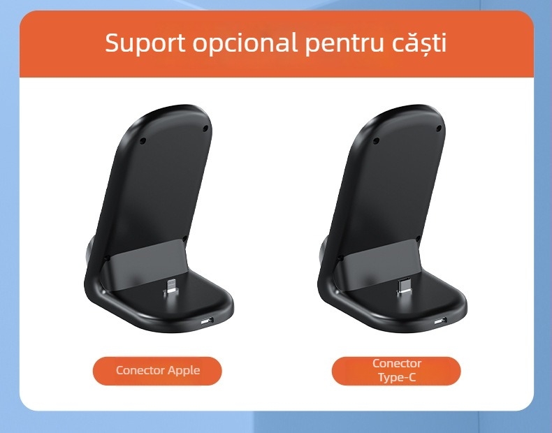 Încărcător wireless de birou 3 în 1 cu ceas digital și încărcător pentru căști Bluetooth — 15W Qi, QC3.0, 9V/1.6A, putere totală 20W
