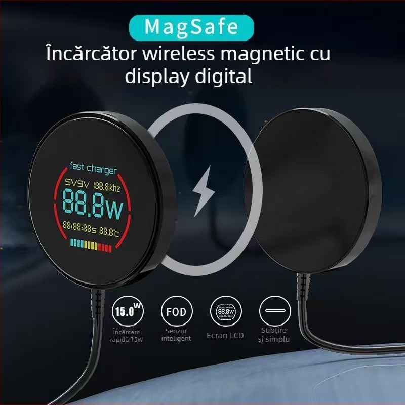 Încărcător Wireless C50 cu Afișaj Digital — Încărcare Magnetică, PD Quick Charge, 15W Max
