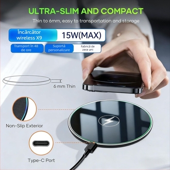 Încărcător wireless X10, design circular, încărcare rapidă de 15W, inel din cauciuc anti-derapare, pentru birou, QC 3.0