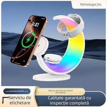 Lampa lunii cu încărcător wireless QC 3.0, iluminare ambientală pentru noptiere, LED-uri cu schimbare de culoare, 15W ieșire, putere totală 23W