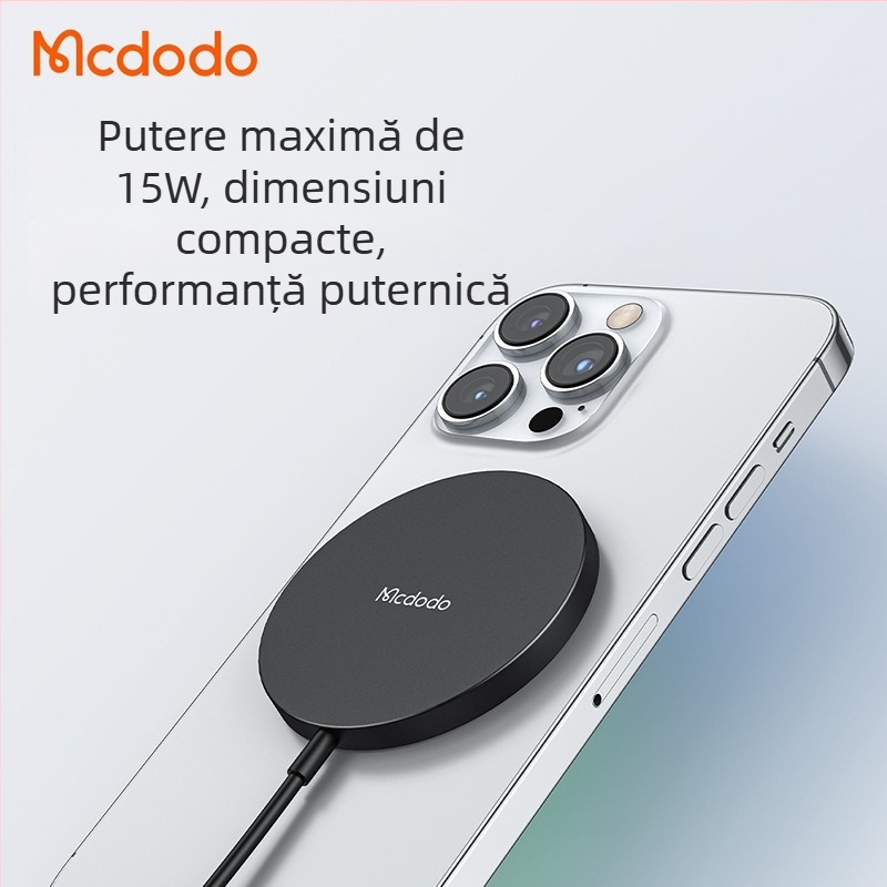 Încărcător magnetic wireless MCDODO pentru MagSafe — 15W maxim, încărcare rapidă PD, compatibil MagSafe, moduri de ieșire 15W/10W/7.5W/5W