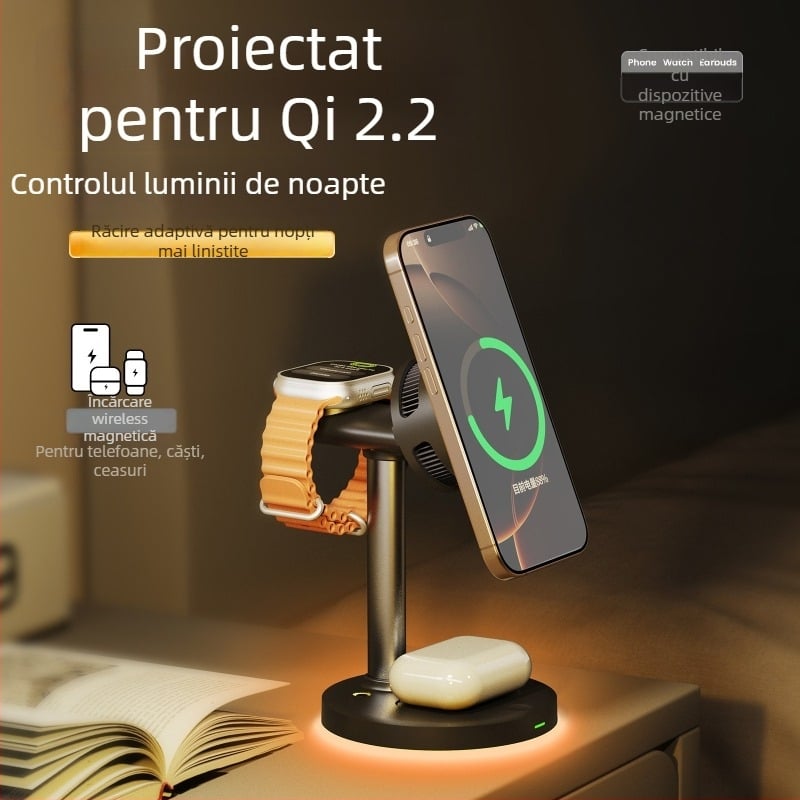 Qi2.2 Suport de încărcare wireless magnetic vertical 4-în-1 cu răcire pe bază de semiconductori — 25W maxim, 9V2A, QC 3.0, Afișaj digital, 5W/7.5W/10W/15W/25W