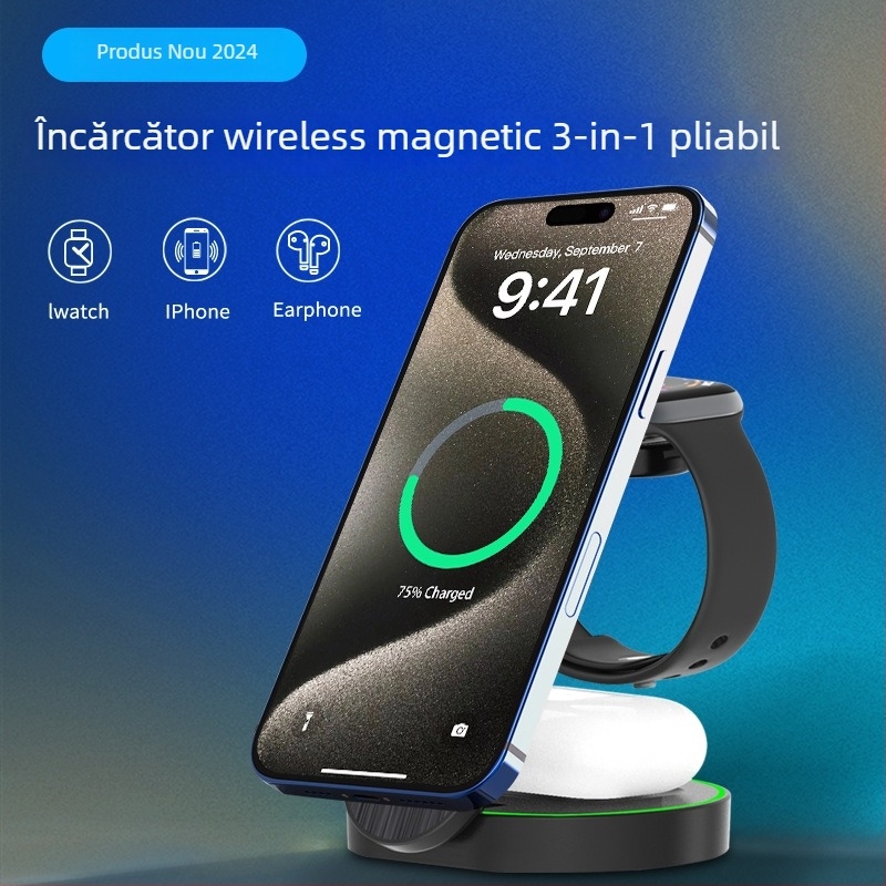 Încărcător wireless 3 în 1 pliabil, cu suport de birou – 15W, încărcare rapidă QC3.0, încărcare magnetică, carcasă ABS, compatibil cu iPhone, Apple Watch și AirPods