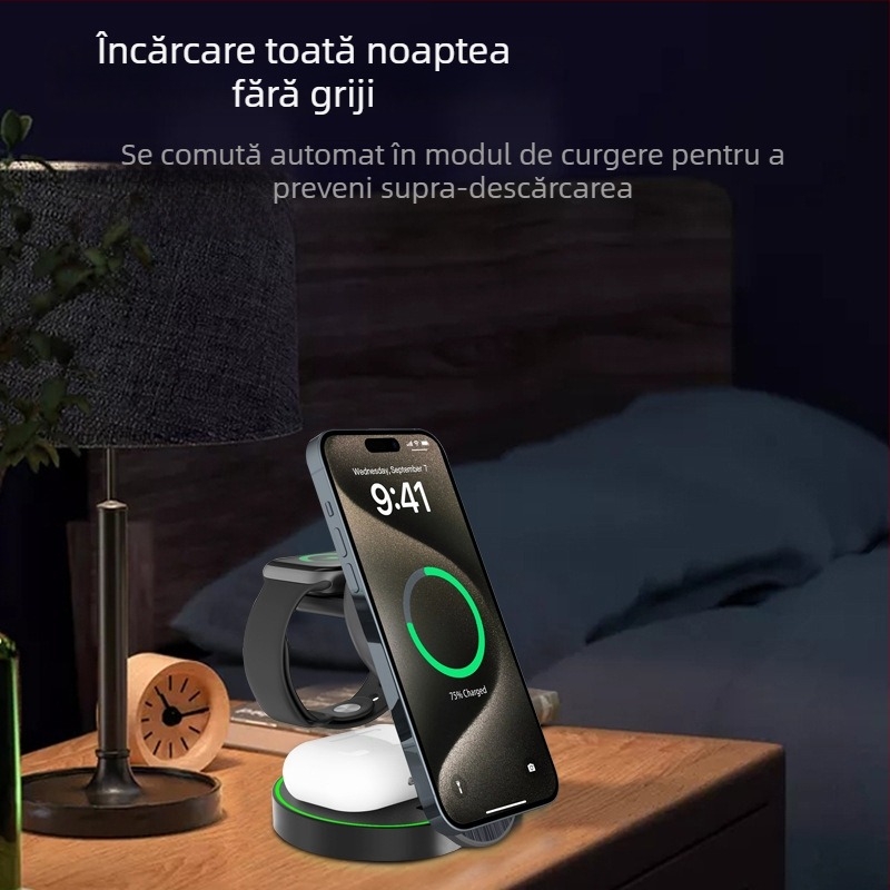 Încărcător wireless 3 în 1 pliabil, cu suport de birou – 15W, încărcare rapidă QC3.0, încărcare magnetică, carcasă ABS, compatibil cu iPhone, Apple Watch și AirPods