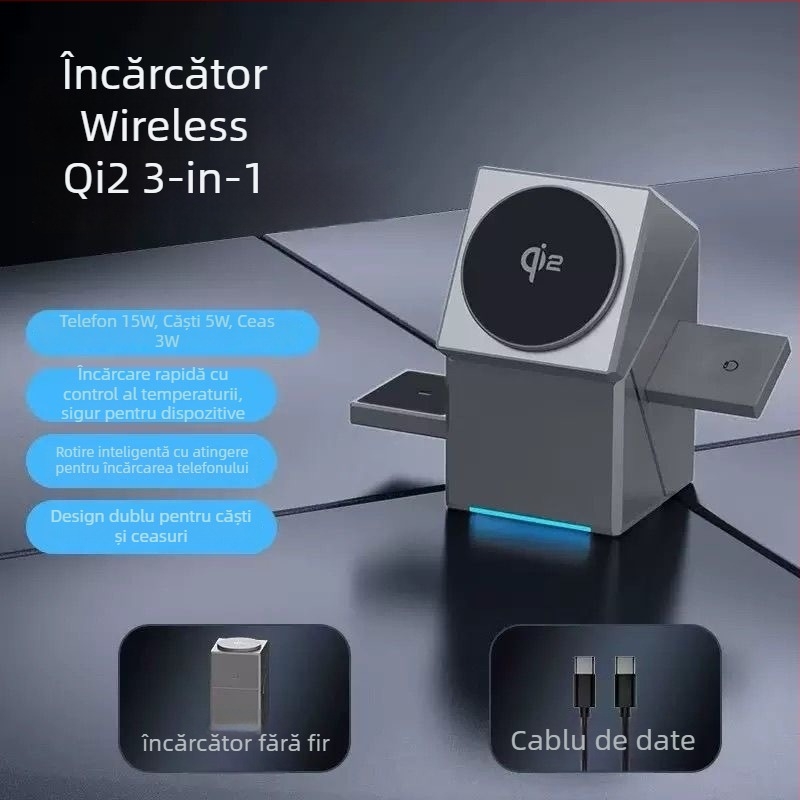 Încărcător wireless Qi2 de 15W, 3-în-1, cu suport de birou rotativ în formă de cub Rubik – încărcare magnetică, PD încărcare rapidă