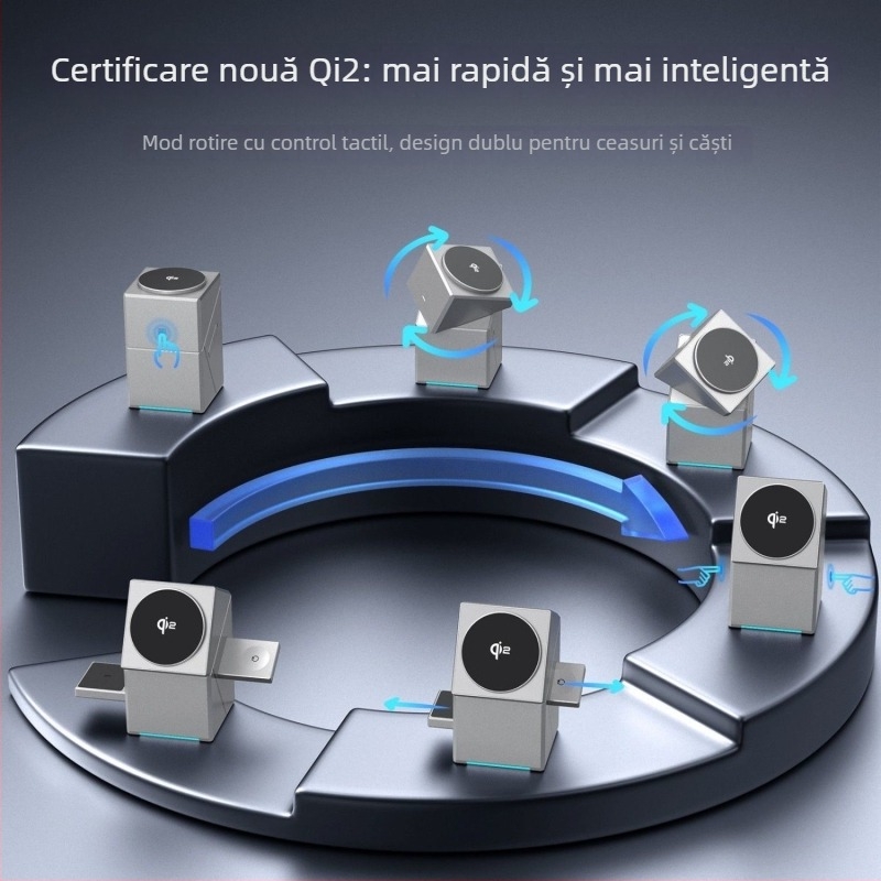 Încărcător wireless Qi2 de 15W, 3-în-1, cu suport de birou rotativ în formă de cub Rubik – încărcare magnetică, PD încărcare rapidă