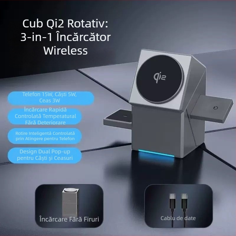 Încărcător wireless Qi2 de 15W, 3-în-1, cu suport de birou rotativ în formă de cub Rubik – încărcare magnetică, PD încărcare rapidă