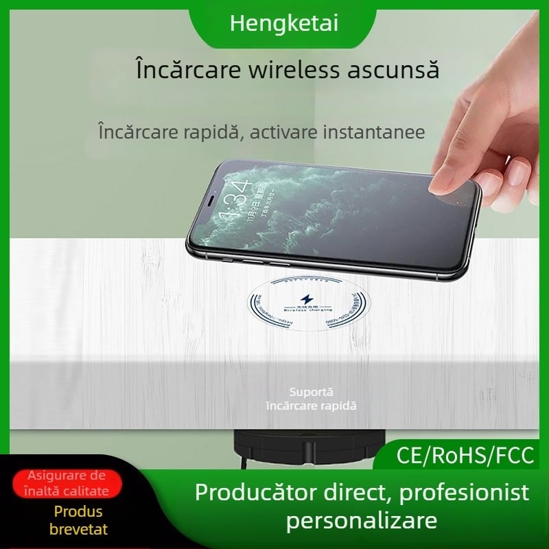 Încărcător wireless ascuns într-o masă cu blat din lemn, 10W QC3.0