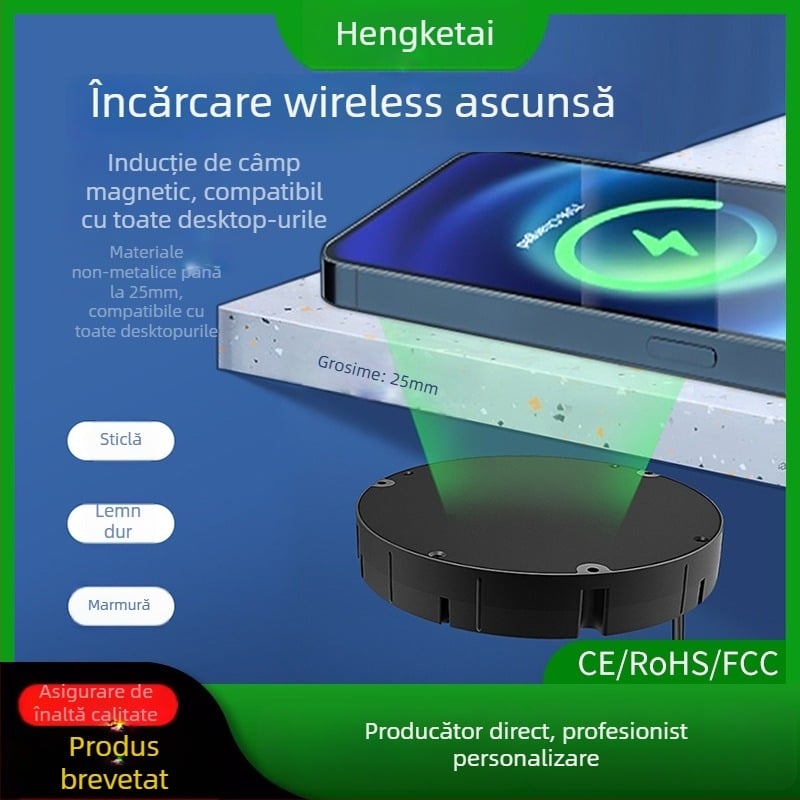 Încărcător wireless ascuns într-o masă cu blat din lemn, 10W QC3.0