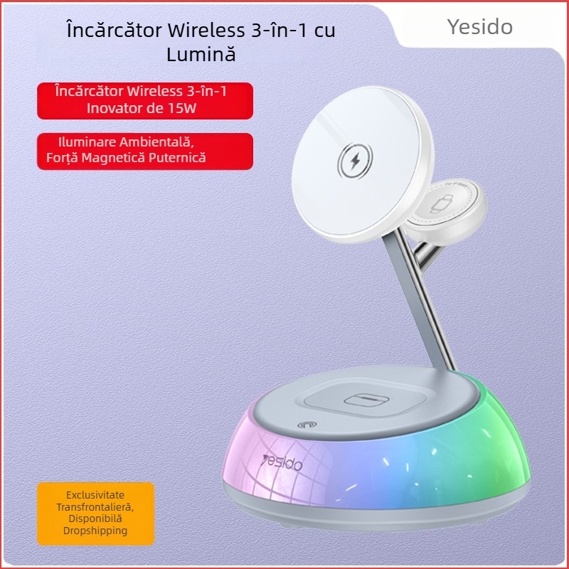 Yesido încărcător wireless 3-în-1 cu încărcare magnetică, 20W PD, pentru Apple Watch